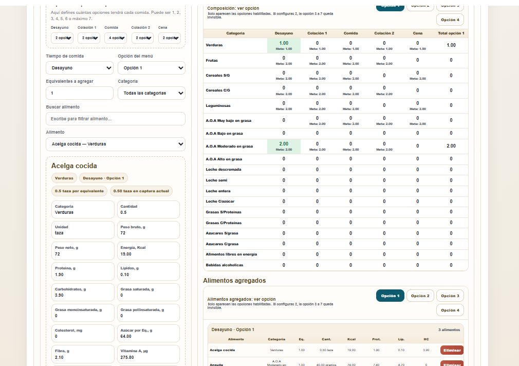 Registro de alimentos de NutriPlan Nexis